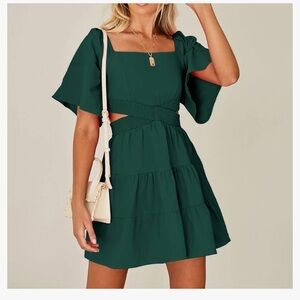Senllen-Green Asymmetrical Sundress with Flutter Sleeves